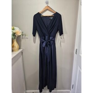 Alex Evenings Petite Navy Blue Gown 82351533  V-Neck Satin Skirt Dress 14P